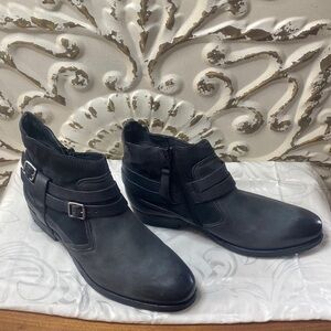 Miz Mooz Bkack‎ Double Buckle Inner Zipper Ankle Boots